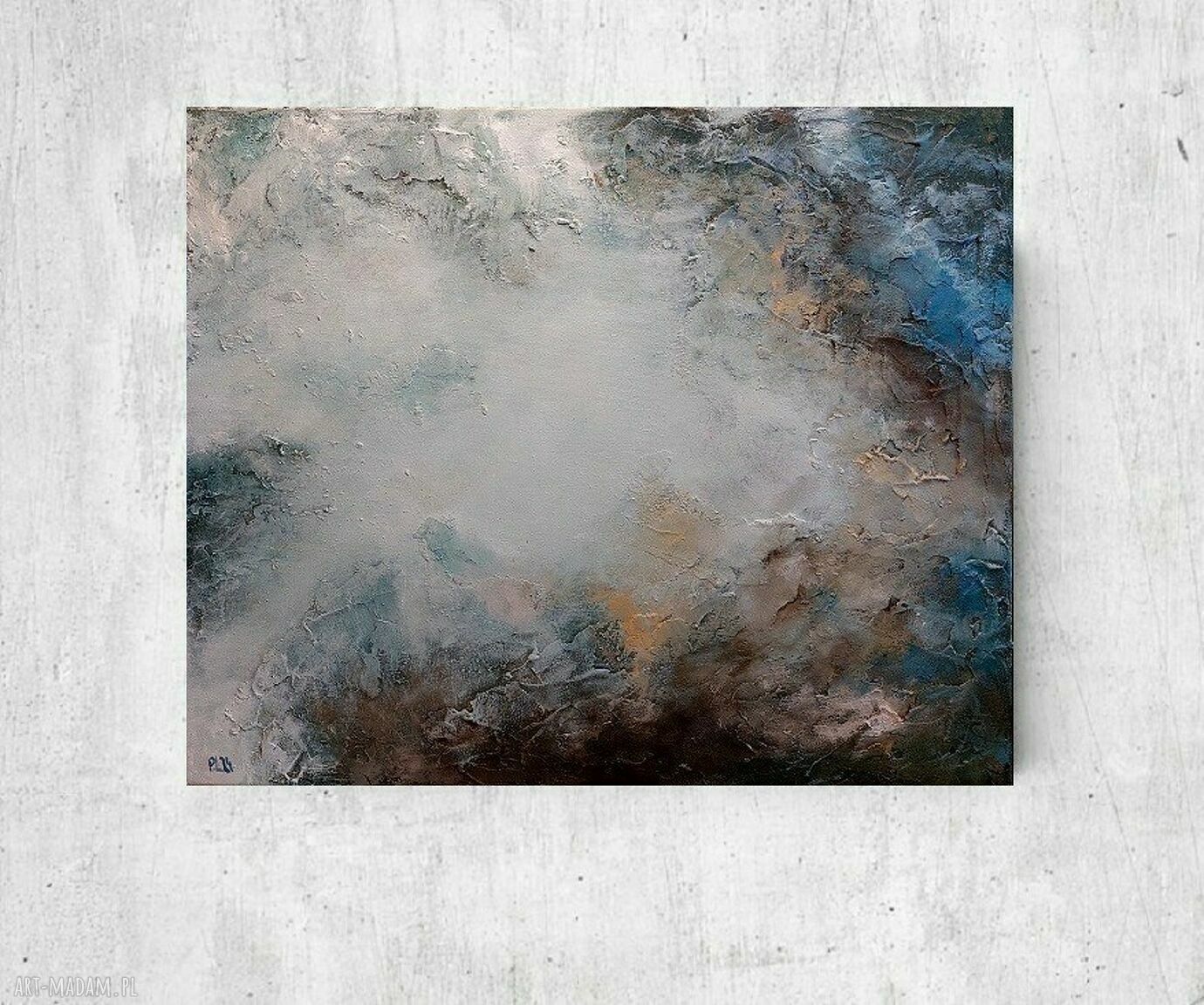 Abstrakcyjny obraz akrylowy 50x60 cm - złote akcenty, białe i niebieskie