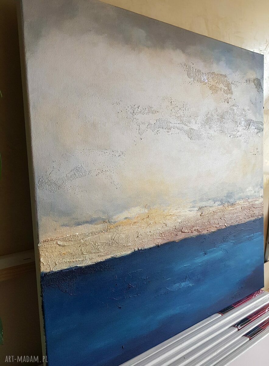 Abstrakcyjny obraz akrylowy 60x60 cm - złoto, biel i niebieski na płótnie