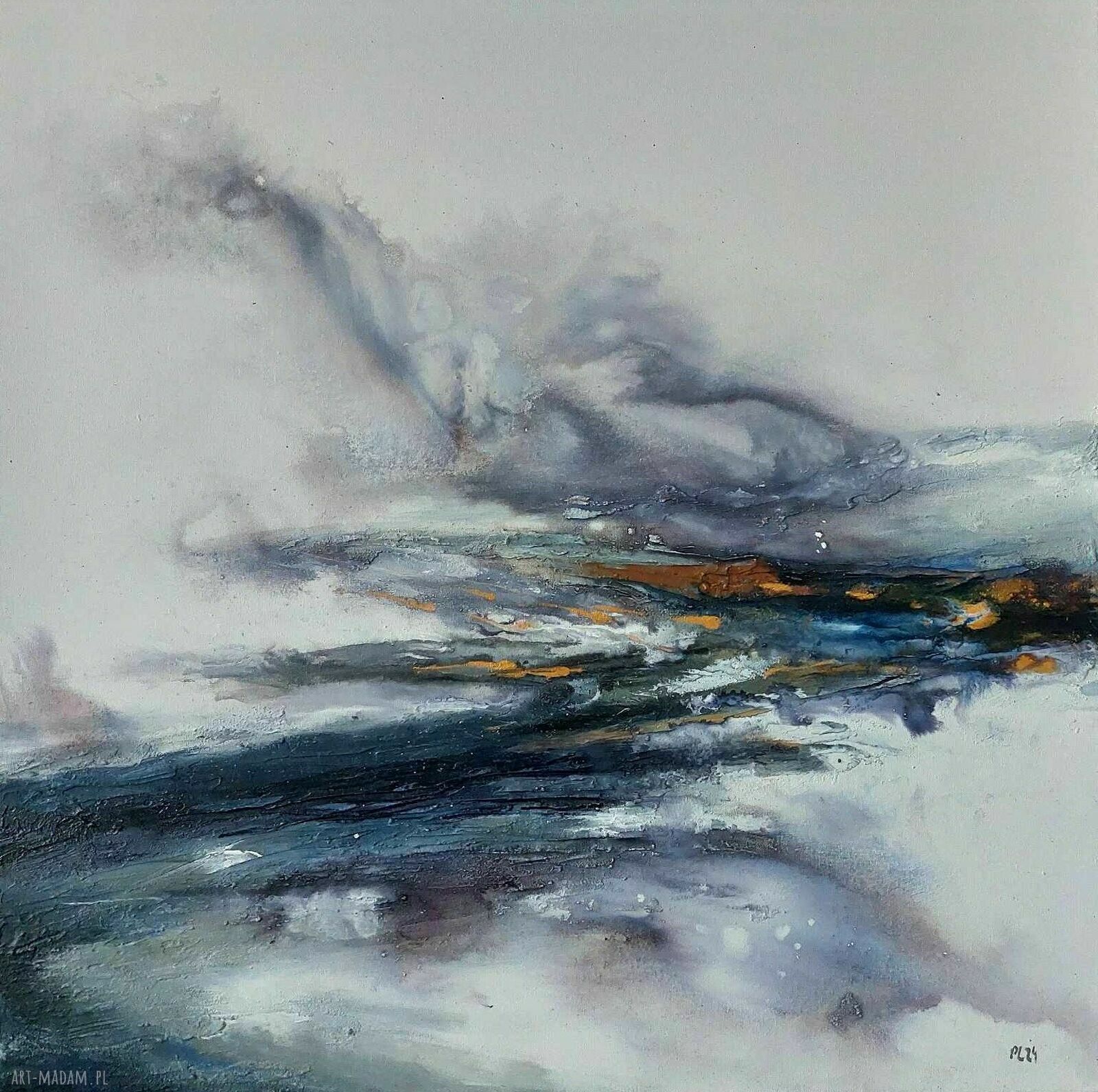 Abstrakcyjny obraz akrylowy 60 x 60 cm w szarościach i błękitach