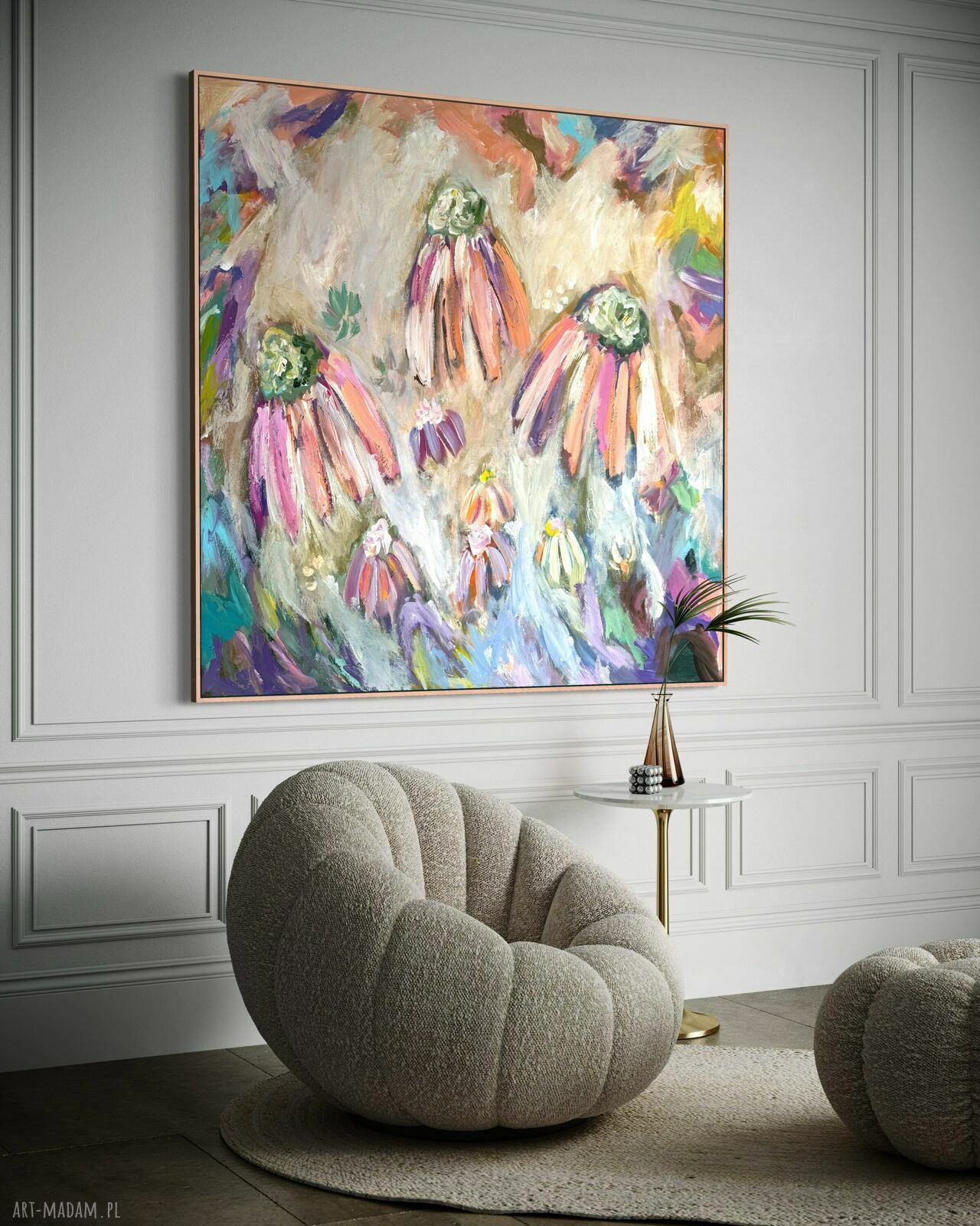 Obraz abstrakcja kwiaty 100x100 cm - ręcznie malowany akryl na płótnie