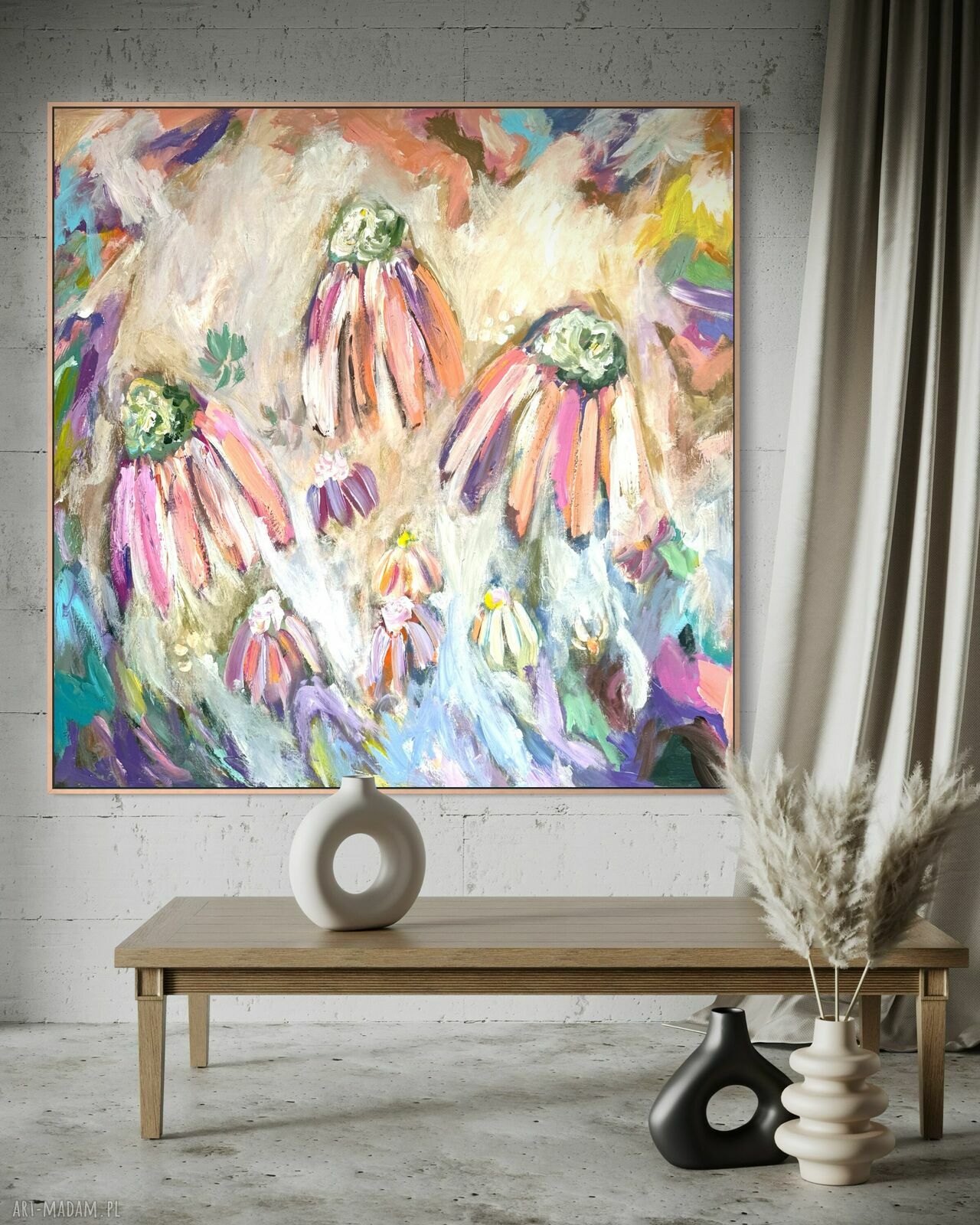 Obraz abstrakcja kwiaty 100x100 cm - ręcznie malowany akryl na płótnie