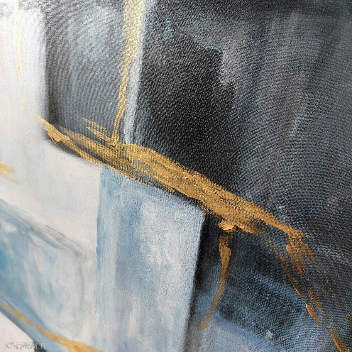 Abstrakcyjny obraz akrylowy 60/80 cm - niebieski, złoty i szary