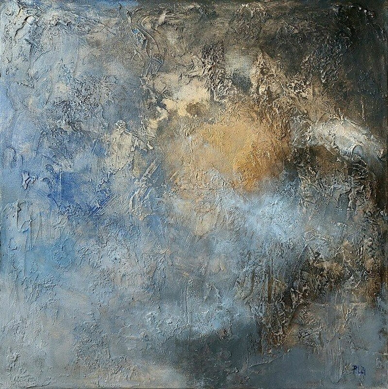 Ręcznie malowany obraz abstrakcyjny 60x60 cm w odcieniach niebieskiego i szarości