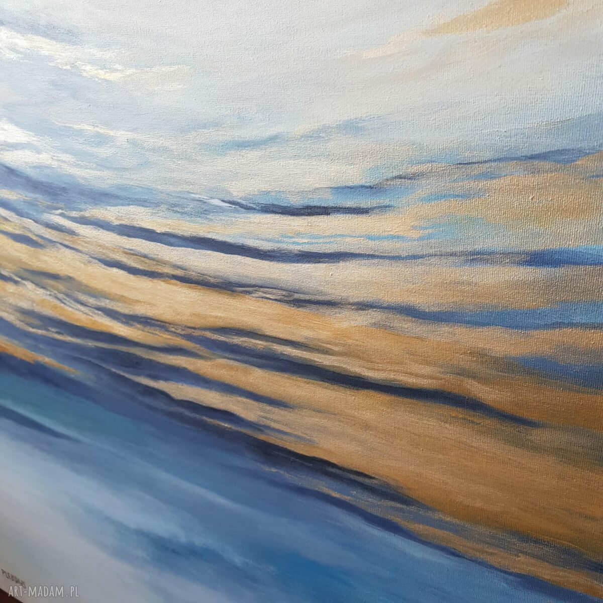 Nowoczesna abstrakcja - obraz akrylowy 100 x 70 cm w złocie, niebieskim i bieli