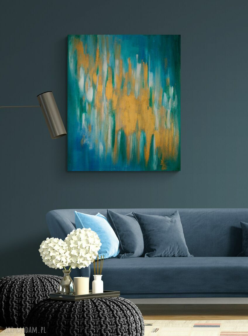 Obraz abstrakcja "Złoty deszcz" 50x60 cm - złote refleksy na ścianie