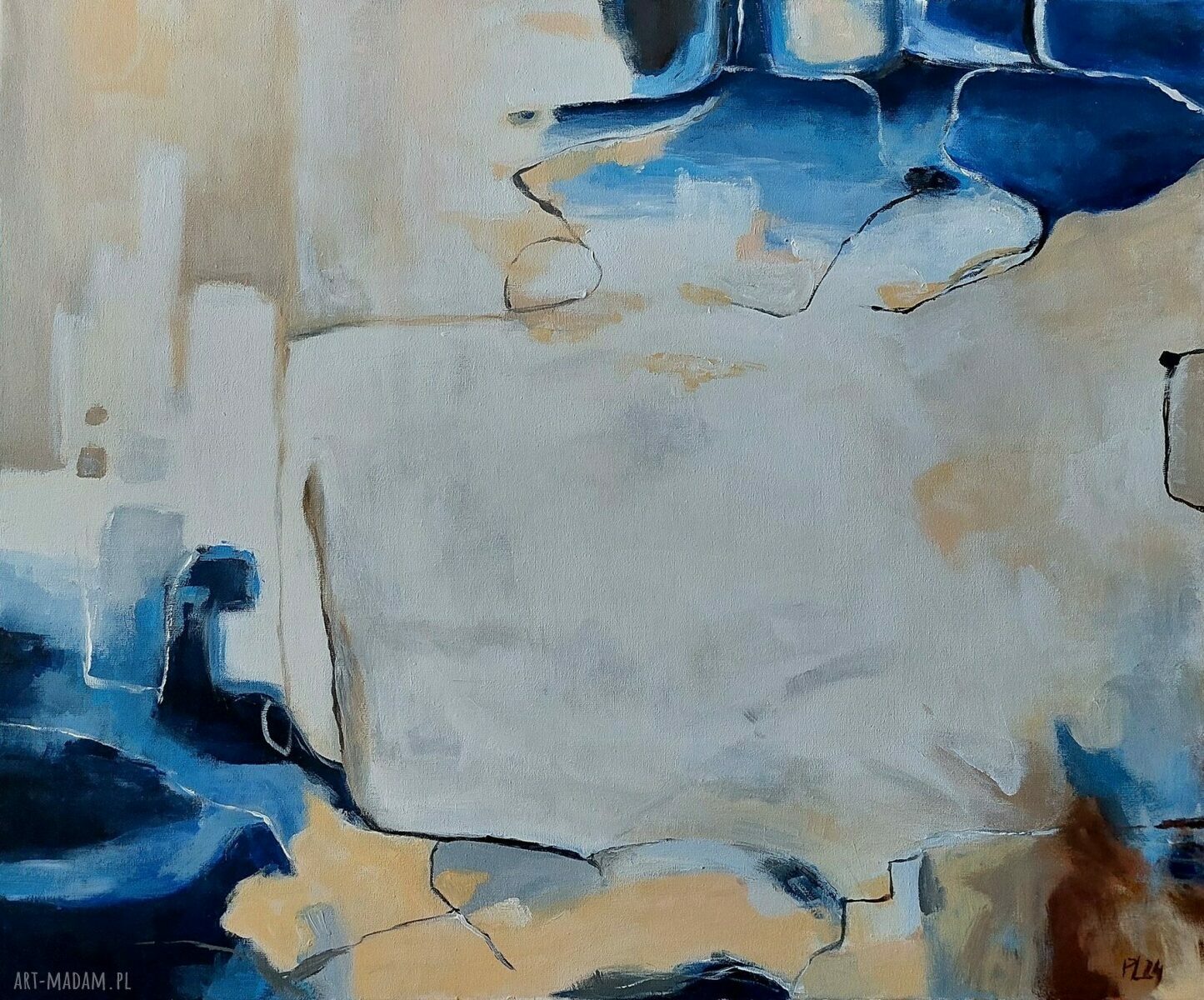 Abstrakcja - obraz akrylowy 60x50 cm w kolorach niebieski, beż i biel