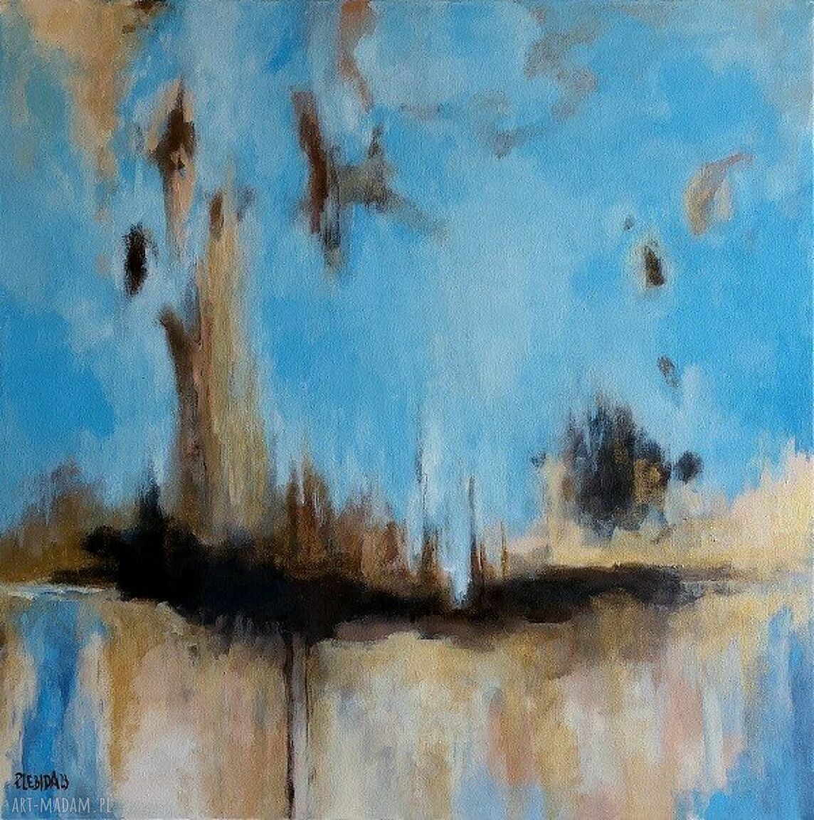 Abstrakcyjny obraz akrylowy 60x60 cm - złote, niebieskie i szare akcenty
