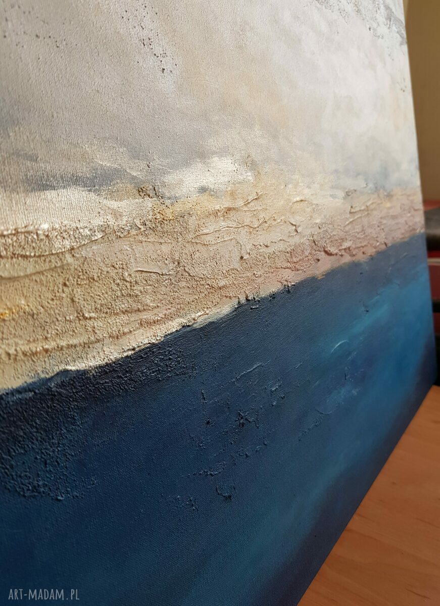 Abstrakcyjny obraz akrylowy 60x60 cm - złoto, biel i niebieski na płótnie