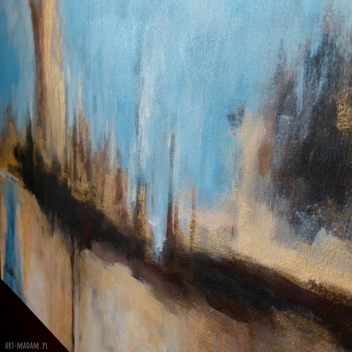 Abstrakcyjny obraz akrylowy 60x60 cm - złote, niebieskie i szare akcenty