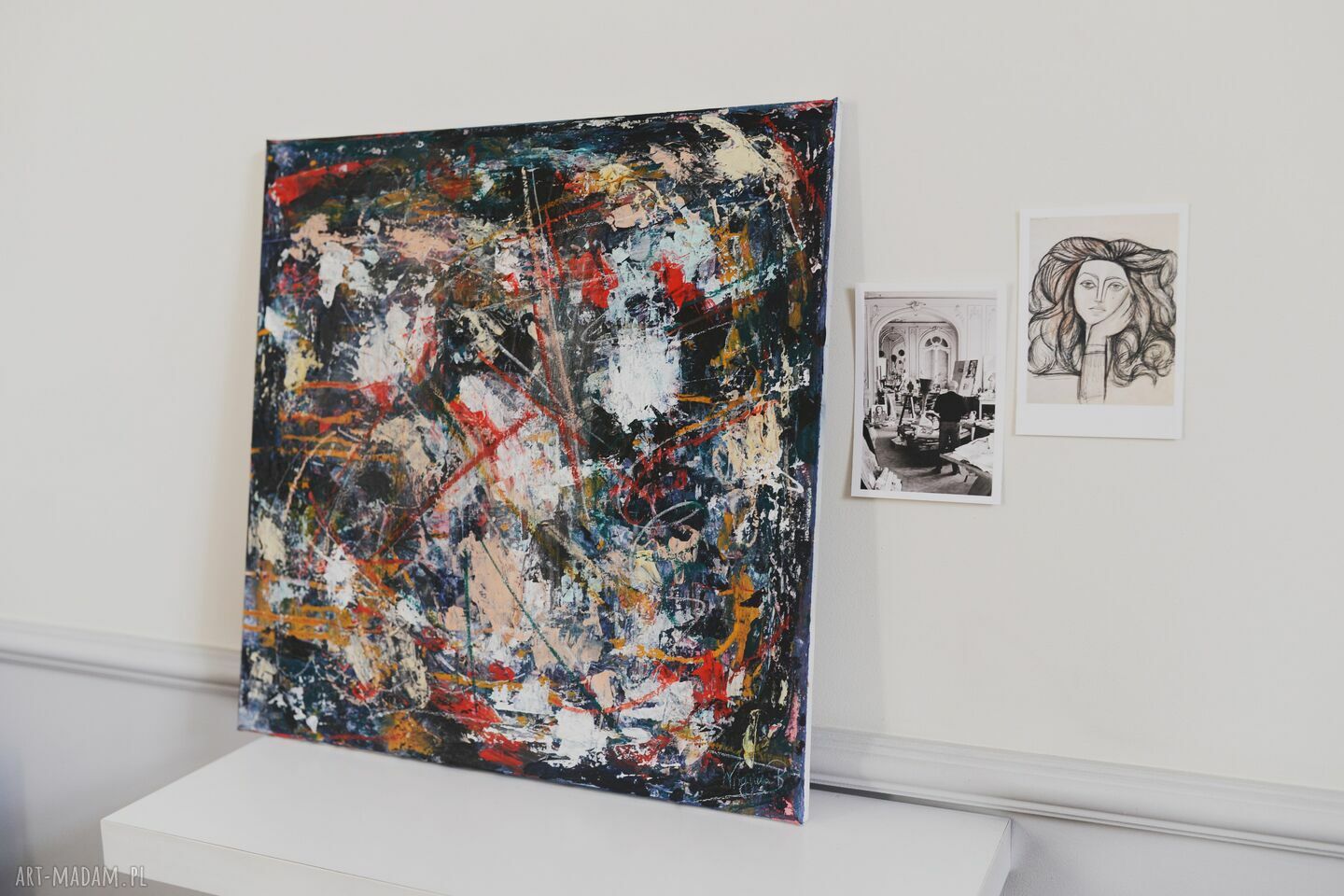 Abstrakcja: obraz akrylowy „Łąka” 50x50 z pastelami