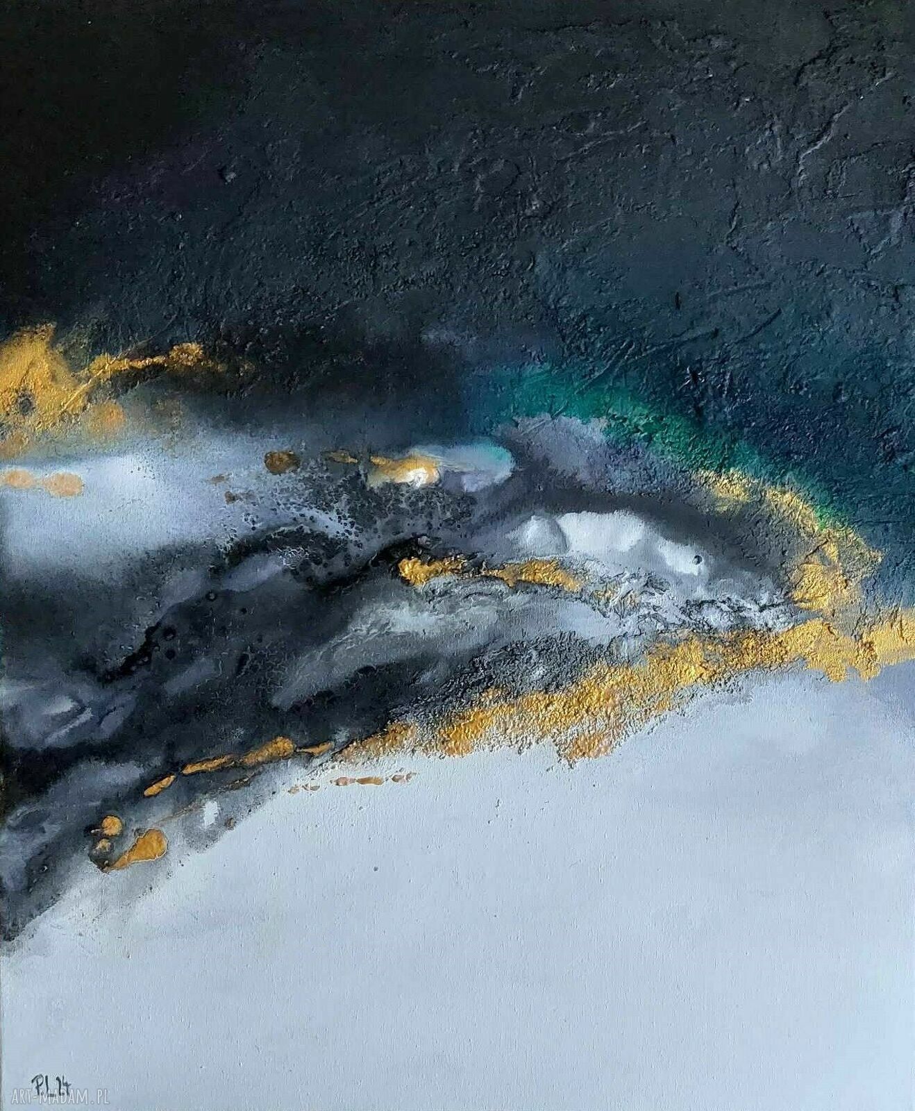 Abstrakcja - obraz akrylowy 60 x 50 cm w czerni, złocie i bieli