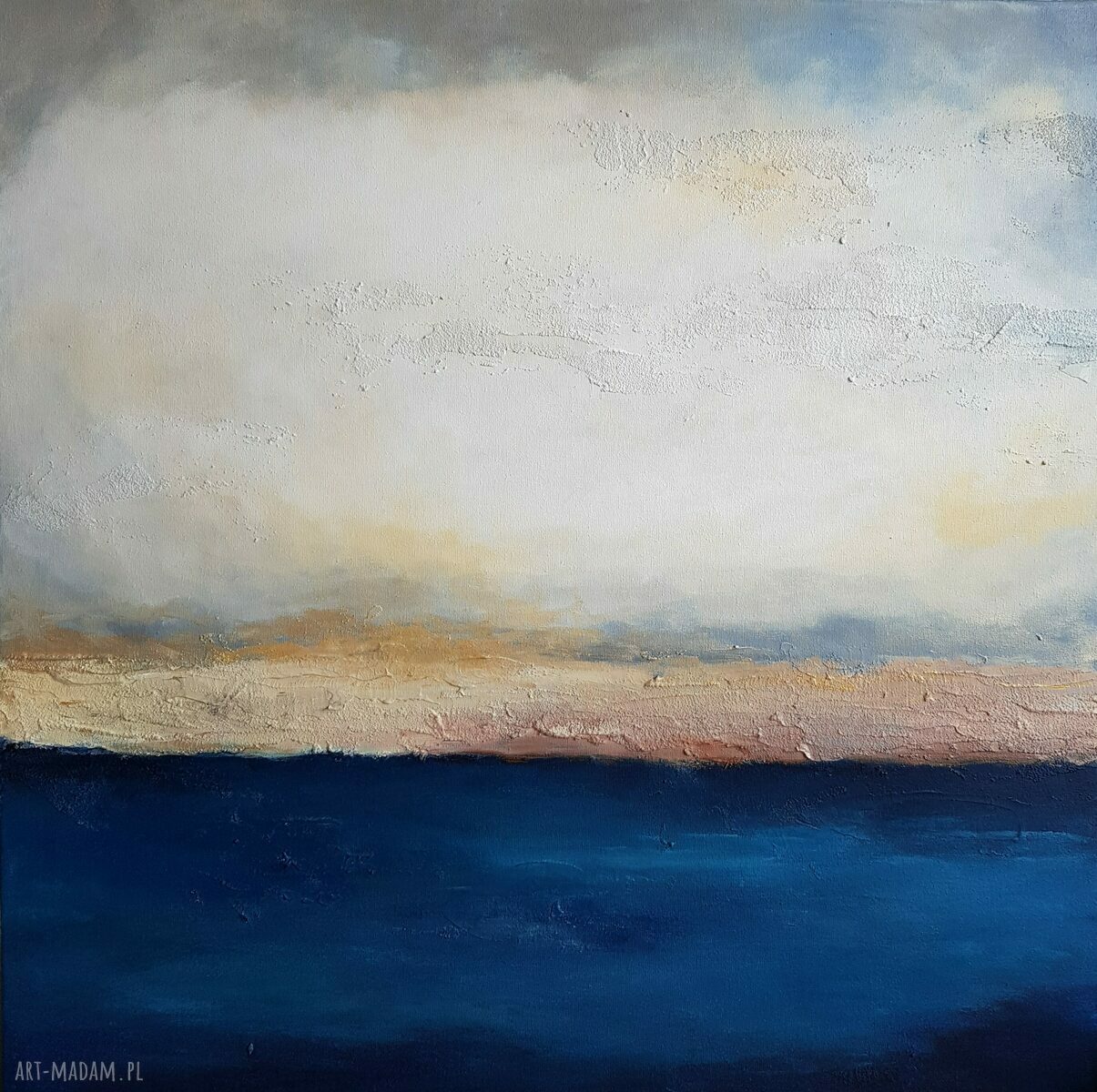 Abstrakcyjny obraz akrylowy 60x60 cm - złoto, biel i niebieski na płótnie
