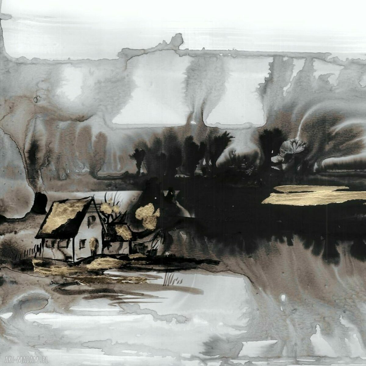 Abstrakcja "Pejzaż" - grafika malowana i złocona ręcznie 30x50 cm (Ajan art)