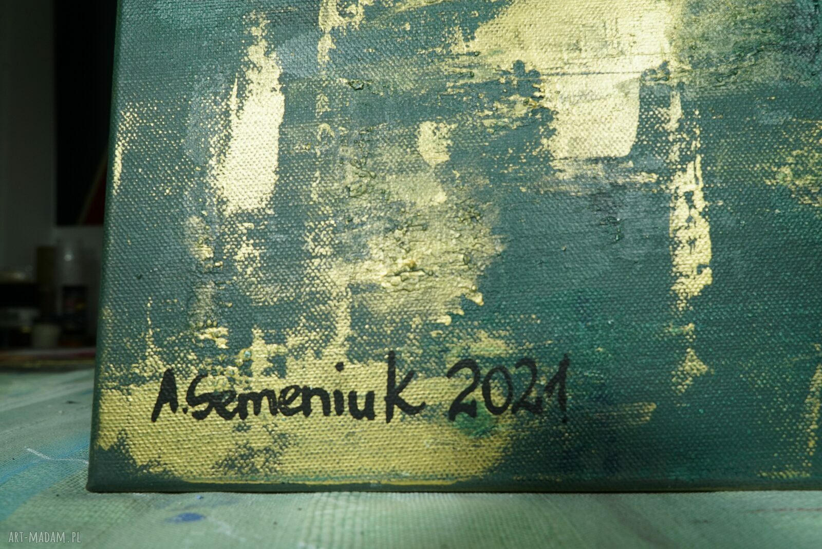 Pomroki dla Kamili - abstrakcyjny obraz zielono-złoty 70x60