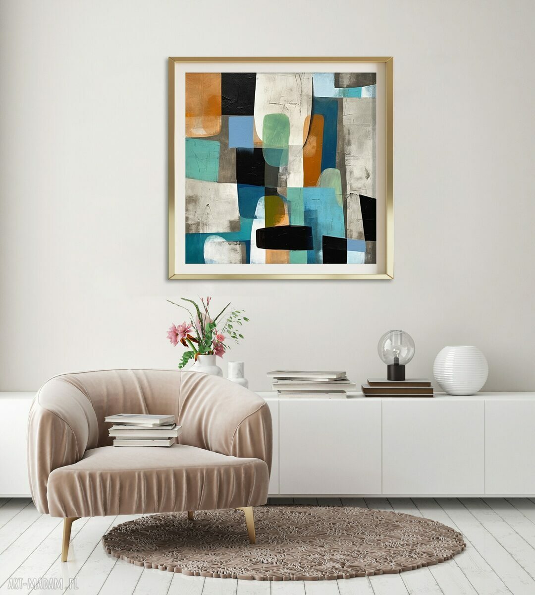 Minimalistyczny plakat geometryczny 50x50 cm - wydruk giclee w turkusie i beżu