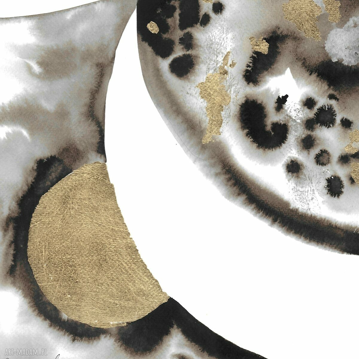 Abstrakcja „Planetais” - grafika ręcznie malowana i złocona 52 x 35 cm