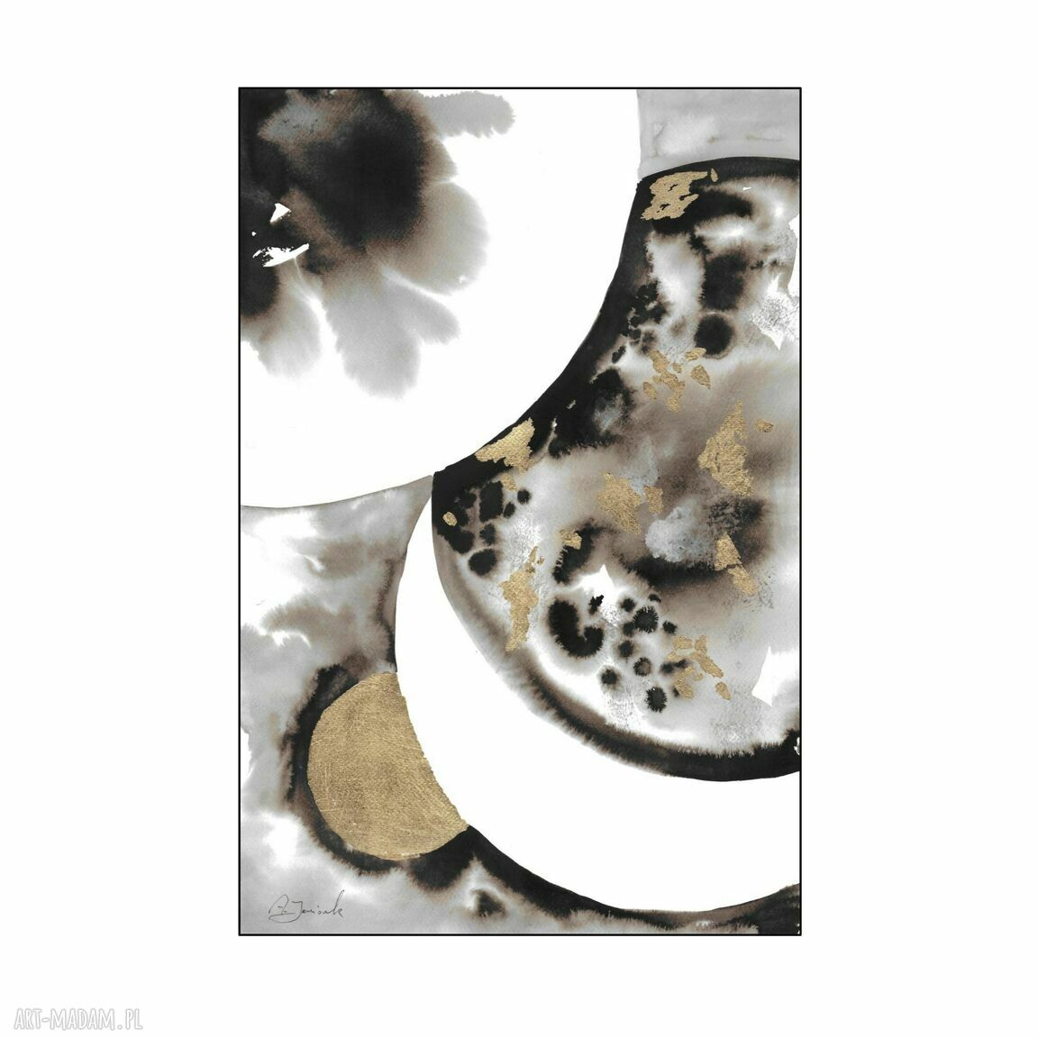Abstrakcja „Planetais” - grafika ręcznie malowana i złocona 52 x 35 cm