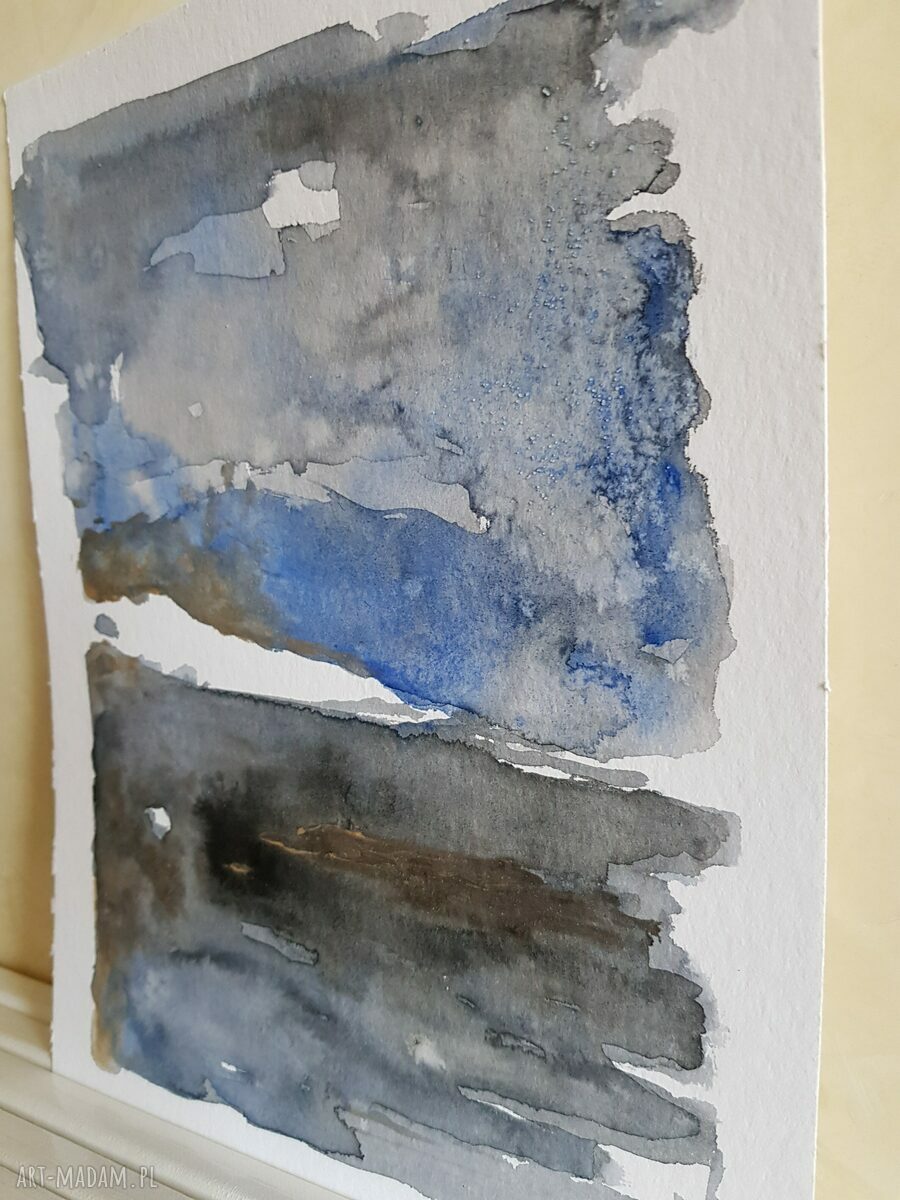Abstrakcja akwarelowa 24x32 cm - niebieskie, szare i złote akcenty