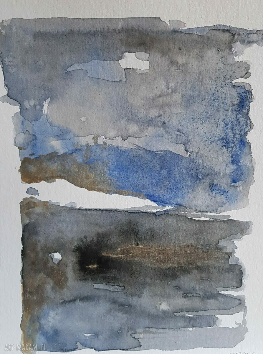 Abstrakcja akwarelowa 24x32 cm - niebieskie, szare i złote akcenty