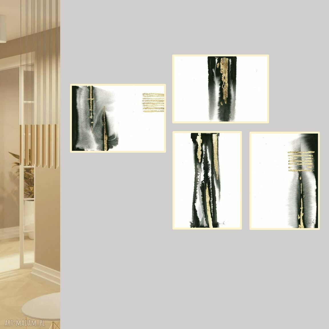 Zestaw 4 grafik „Prześwity” - czarny tusz, złocenia i minimalistyczny charakter