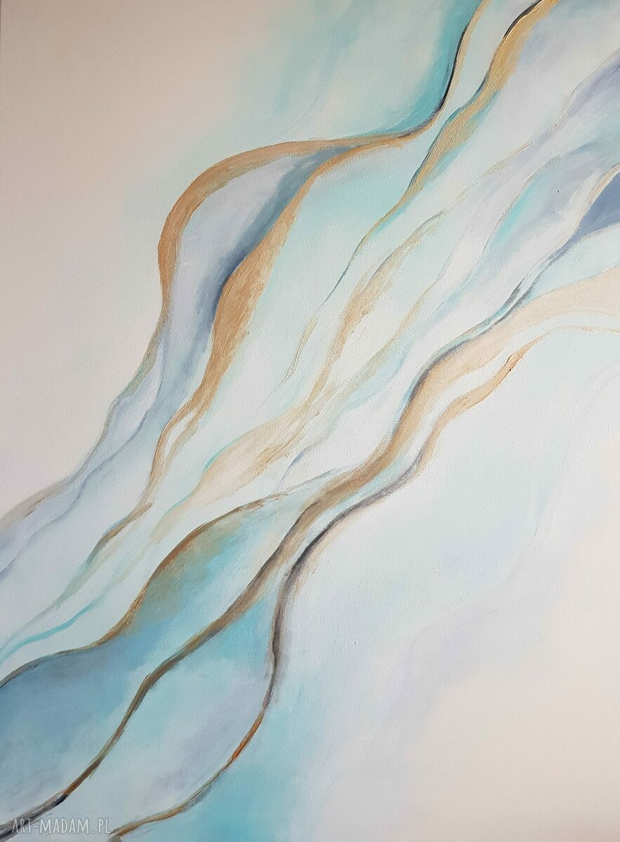 Abstrakcja w bieli, złocie i turkusach - obraz akrylowy 60 x 80 cm (bez ramy)
