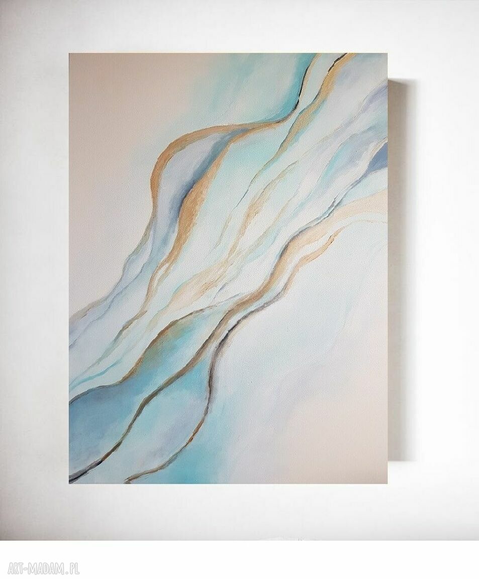 Abstrakcja w bieli, złocie i turkusach - obraz akrylowy 60 x 80 cm (bez ramy)