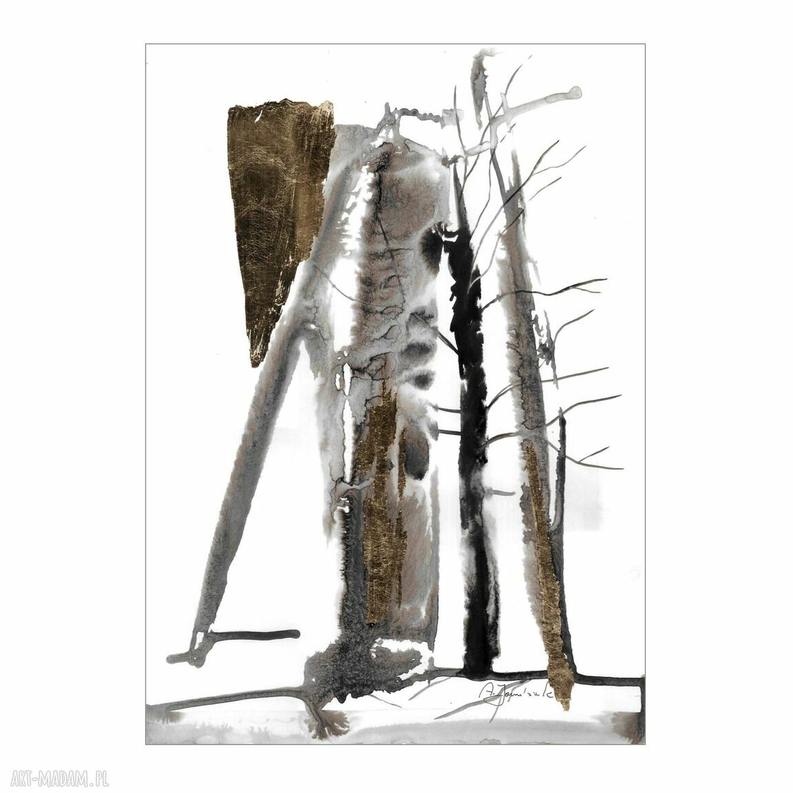 Abstrakcja z cyklu „Prześwity” - ręcznie malowana i złocona grafika (32 x 40 cm)