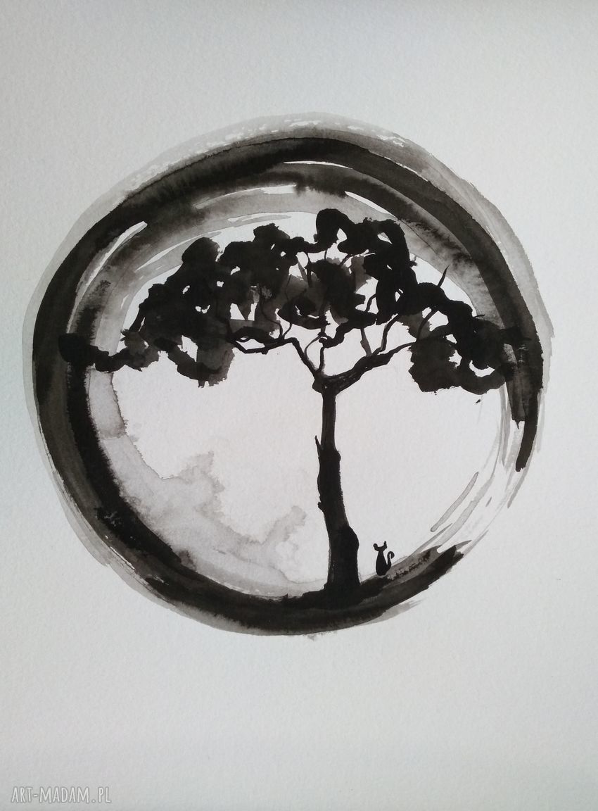 Abstrakcja z drzewem - obraz tuszem A4