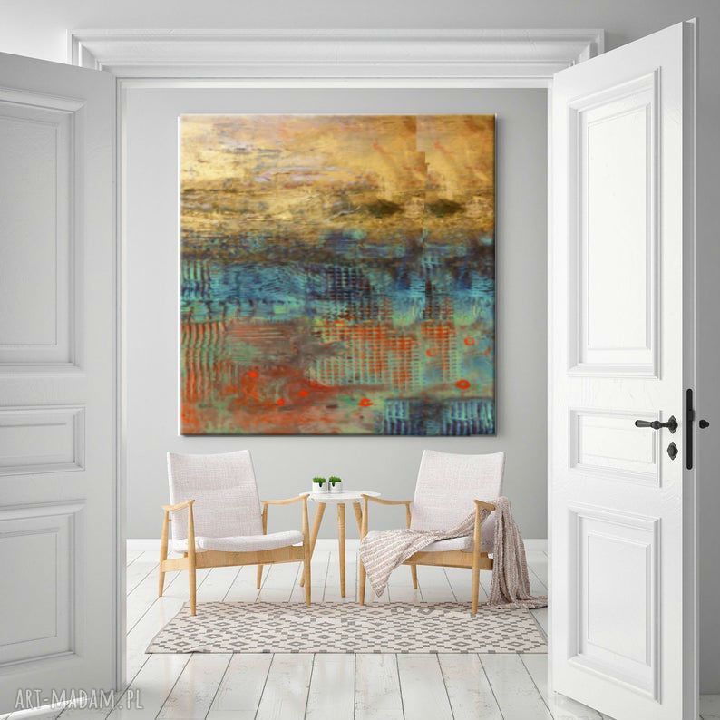 Obraz abstrakcyjny ze złotem 100x100 cm - ręcznie malowany na płótnie