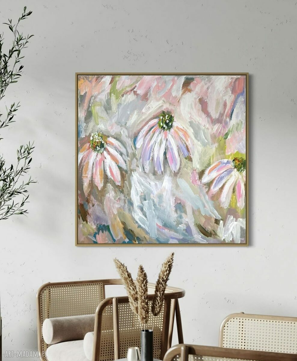 Abstrakcyjny obraz 80x80 cm z kwiatami w pastelowych barwach