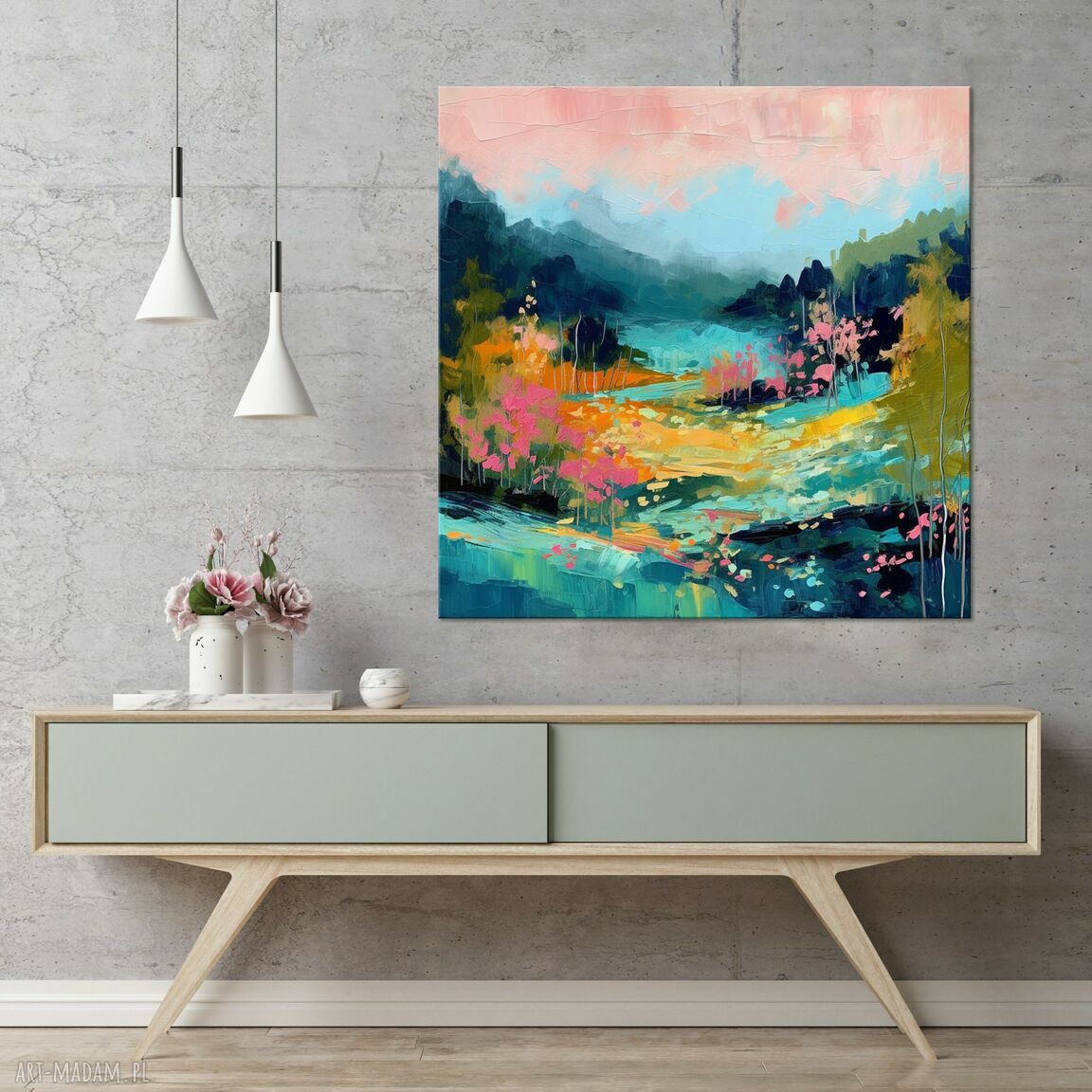 Abstrakcyjny krajobraz - obraz na płótnie 80x80 cm (turkus i zieleń)