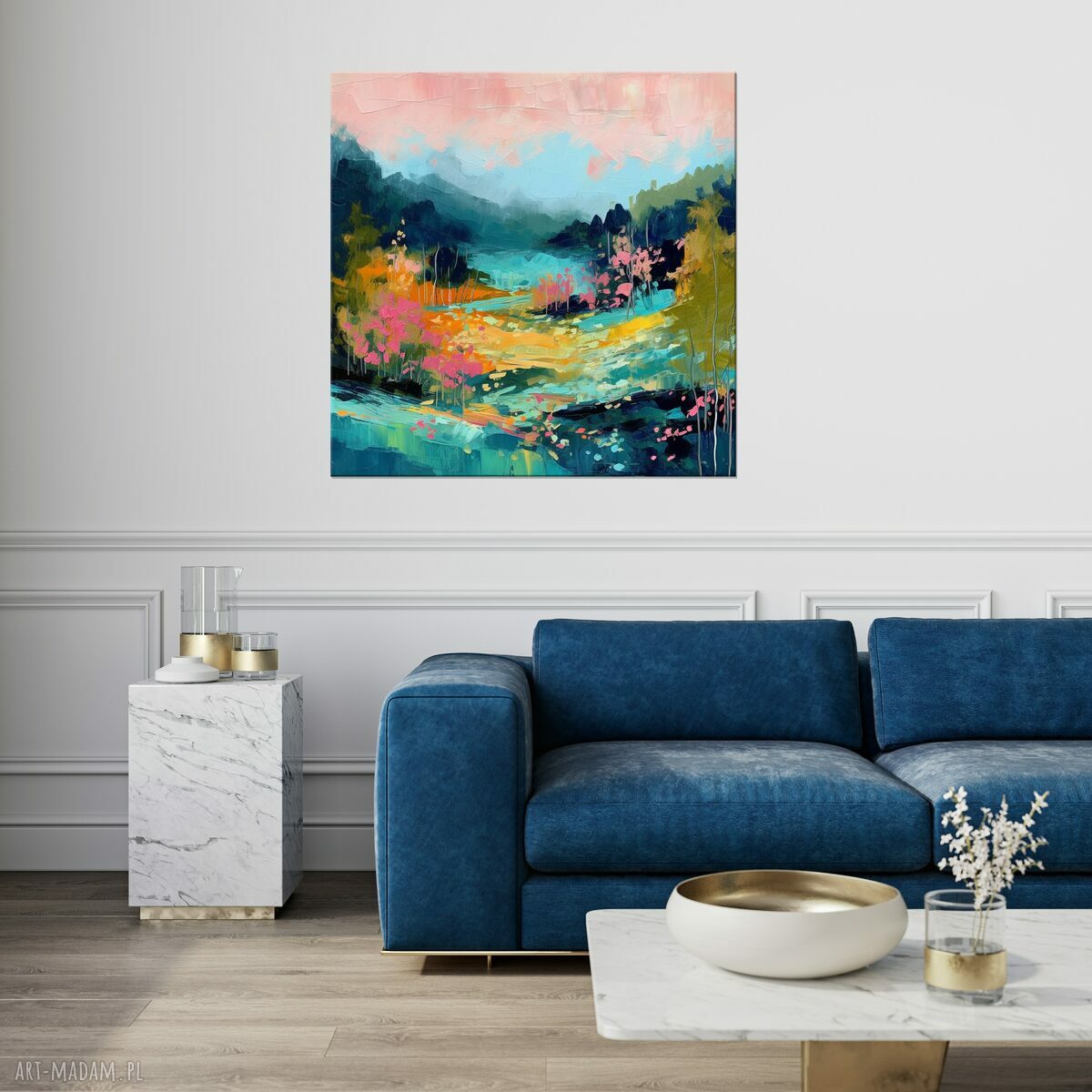 Abstrakcyjny krajobraz - obraz na płótnie 80x80 cm (turkus i zieleń)