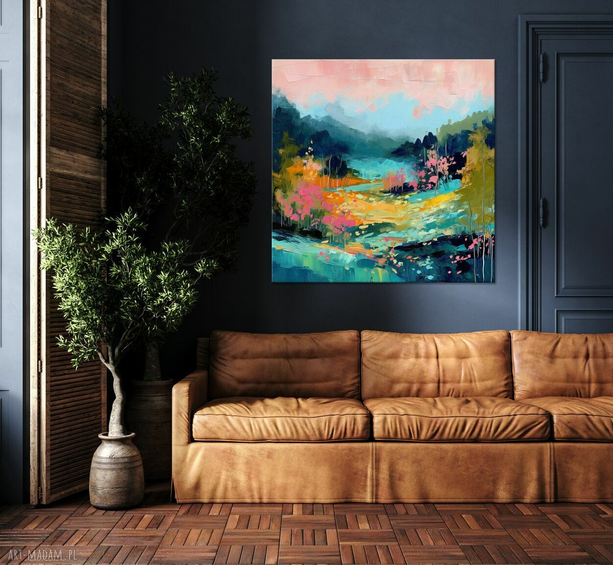Abstrakcyjny krajobraz - obraz na płótnie 80x80 cm (turkus i zieleń)