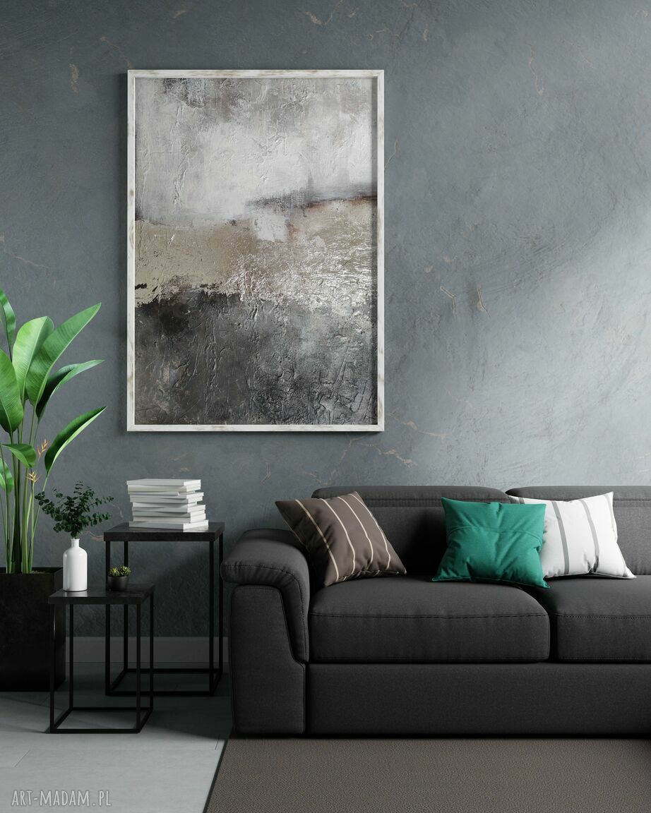 Abstrakcyjny obraz 100x100 cm w srebrnej tonacji - ręcznie malowany na płótnie