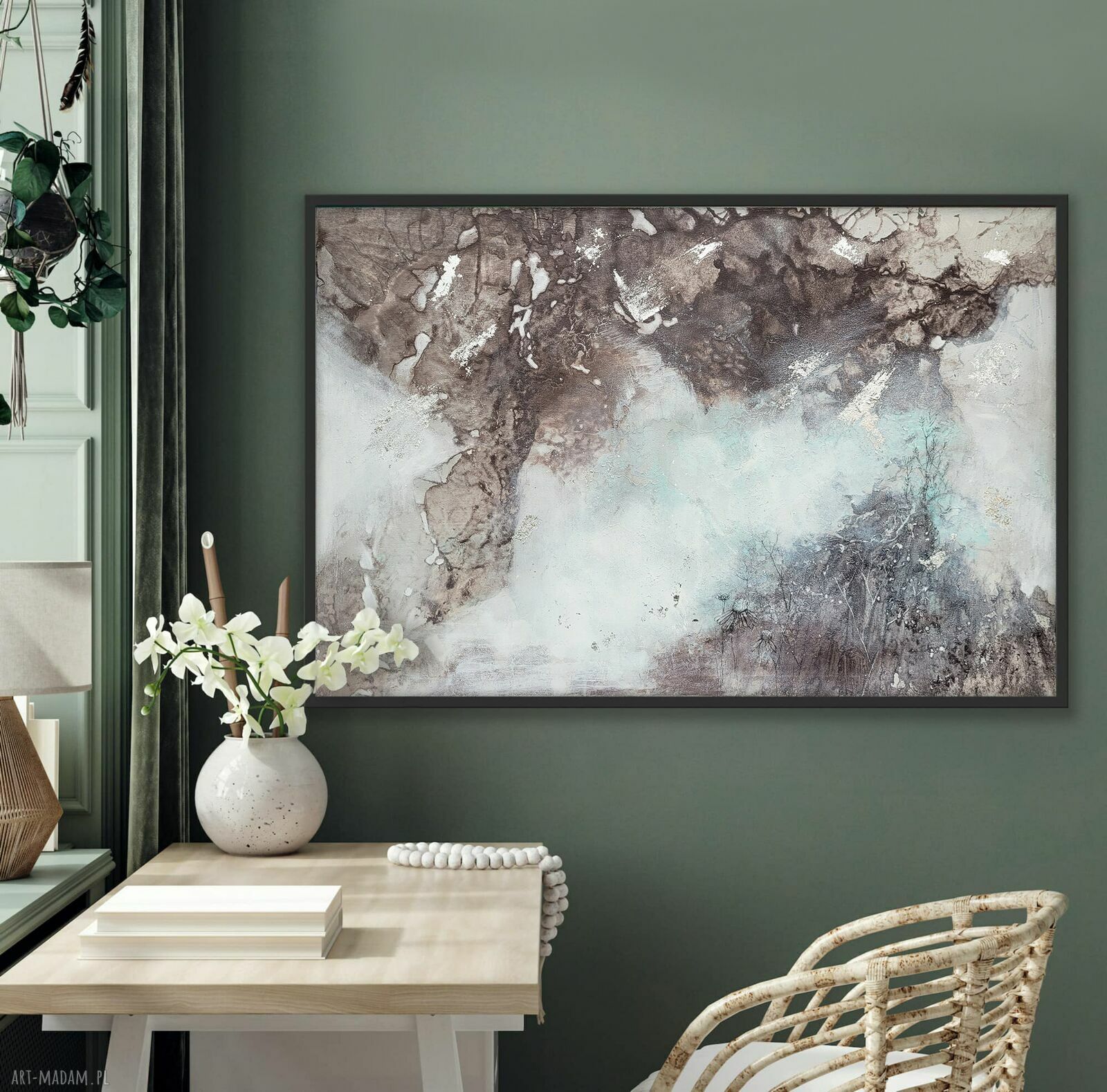 Abstrakcyjny obraz Bioluminescencja nr 1 90x60 cm - technika mieszana i płatki srebra