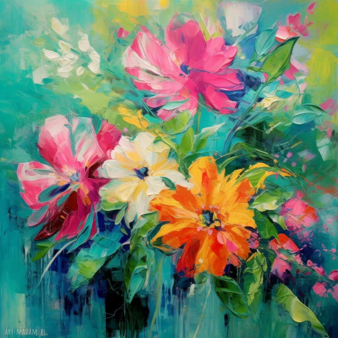Abstrakcyjny obraz kolorowy bukiet kwiatów - wydruk na płótnie 60x60 cm