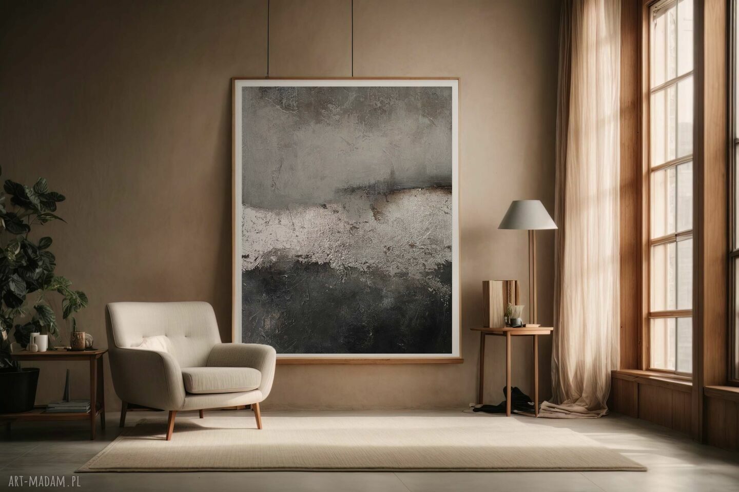 Abstrakcyjny obraz 100x100 cm w srebrnej tonacji - ręcznie malowany na płótnie