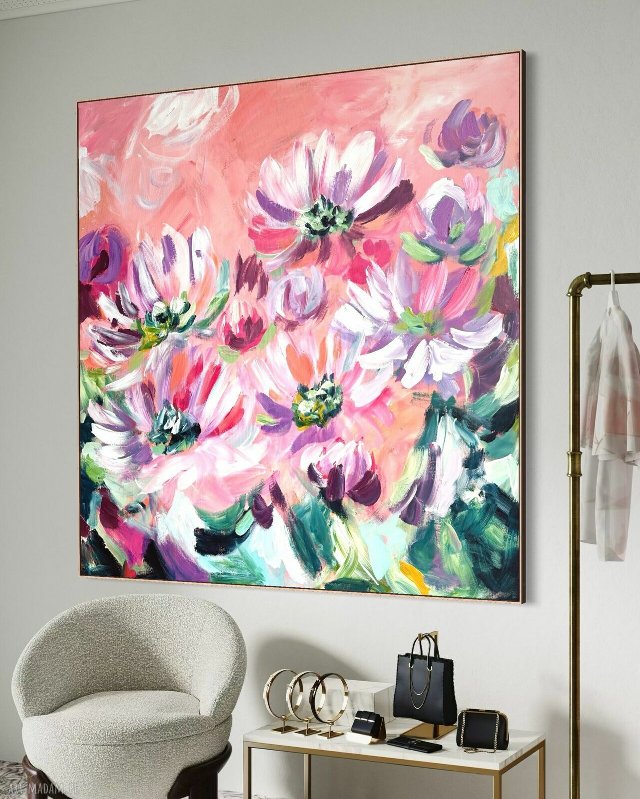 Obraz abstrakcyjny kwiaty 100x100 cm - autorski akryl na płótnie do salonu