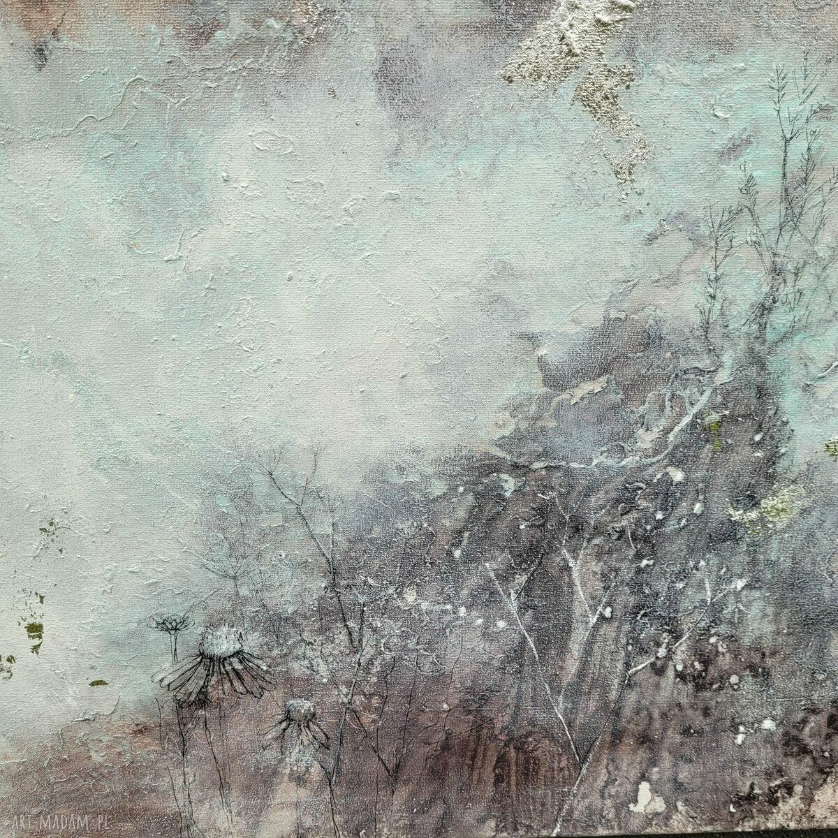 Abstrakcyjny obraz Bioluminescencja nr 1 90x60 cm - technika mieszana i płatki srebra