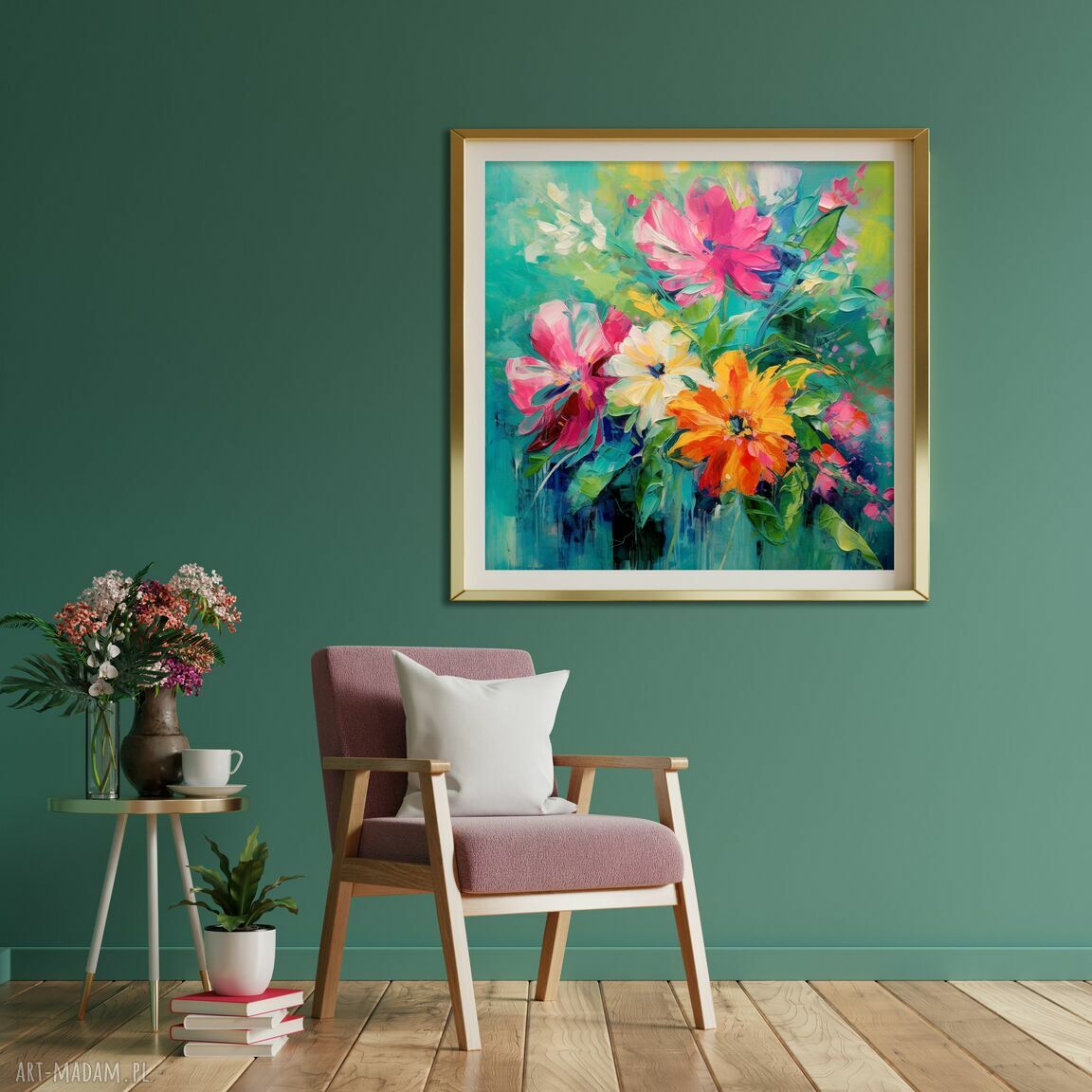 Abstrakcyjny obraz kolorowy bukiet kwiatów 50x50 cm na płótnie - do salonu