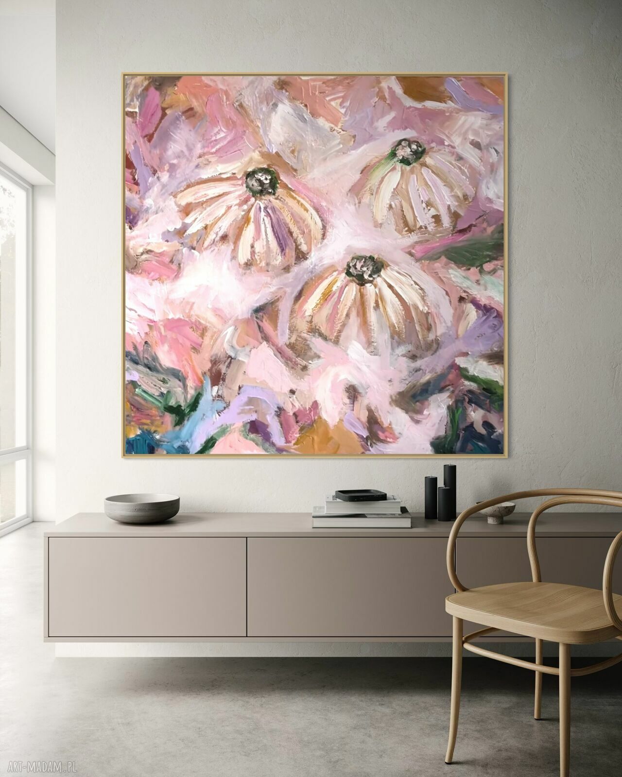 Obraz abstrakcyjny 80x80 cm do salonu - kwiatowa kompozycja w odcieniach różu
