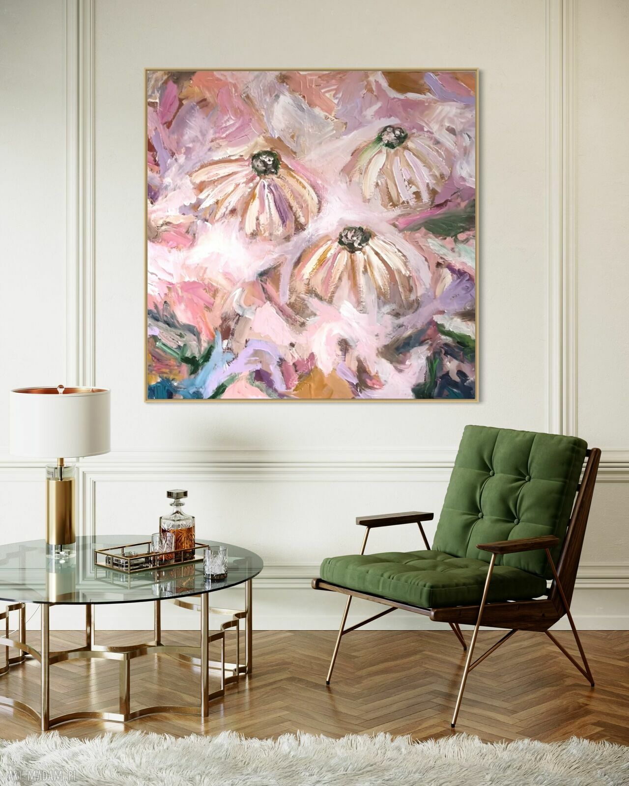 Obraz abstrakcyjny 80x80 cm do salonu - kwiatowa kompozycja w odcieniach różu