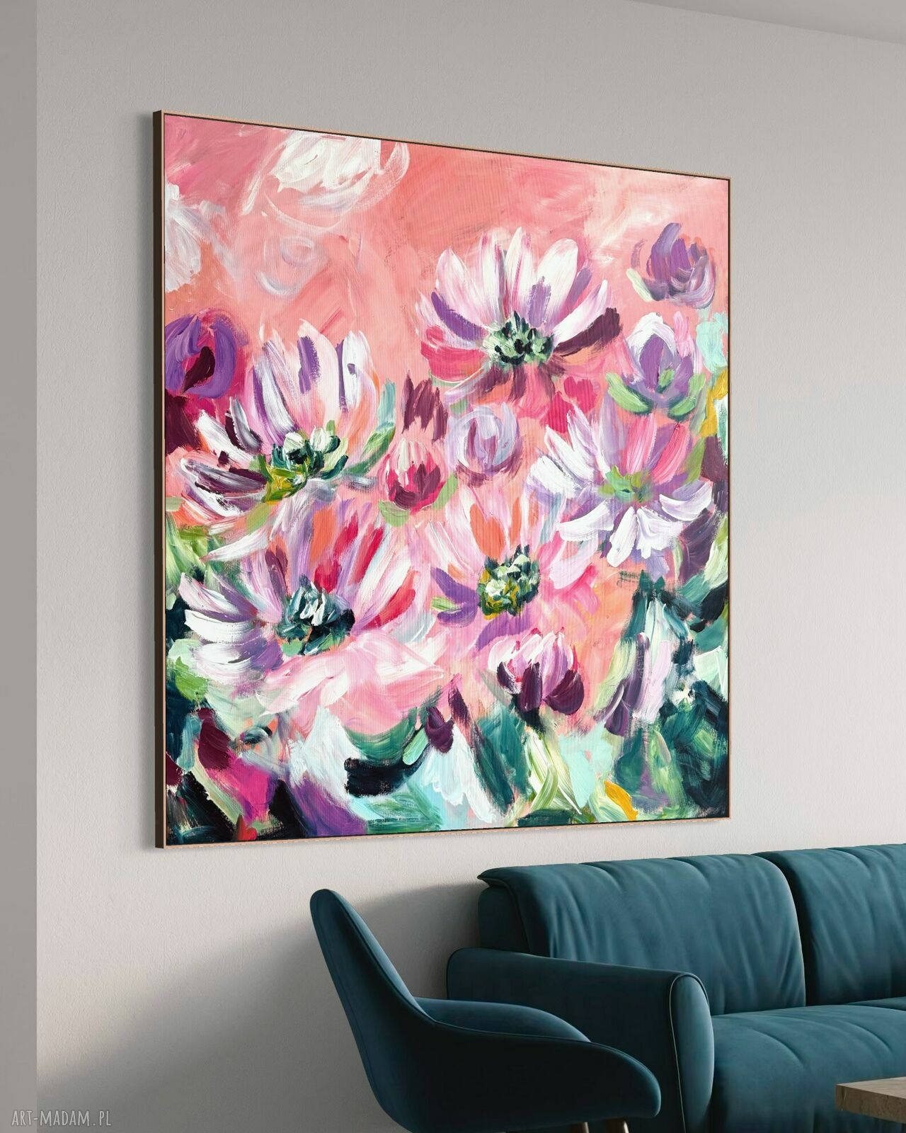 Obraz abstrakcyjny kwiaty 100x100 cm - autorski akryl na płótnie do salonu
