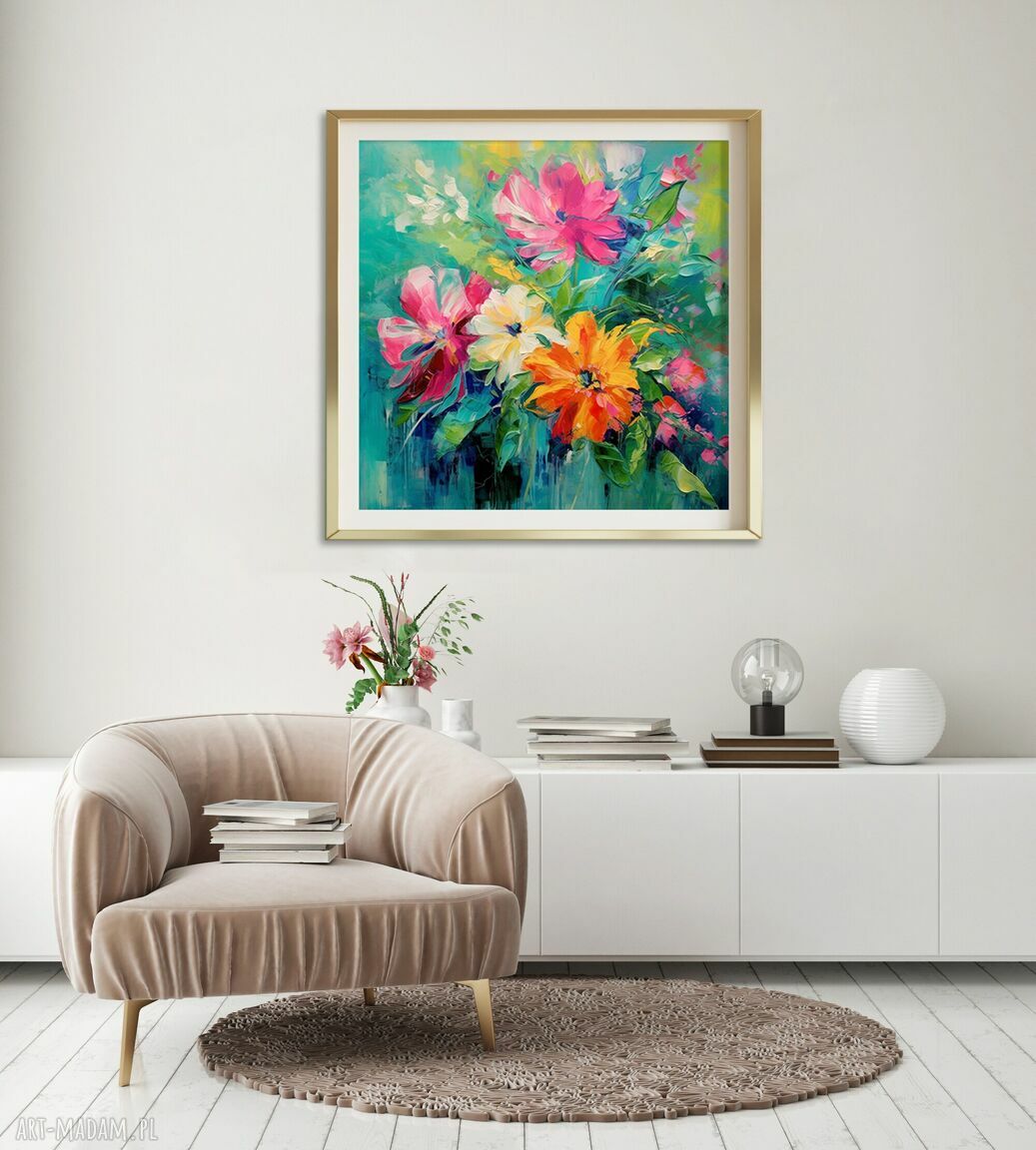 Abstrakcyjny obraz bukiet kwiatów na turkusowym tle 50x50 cm