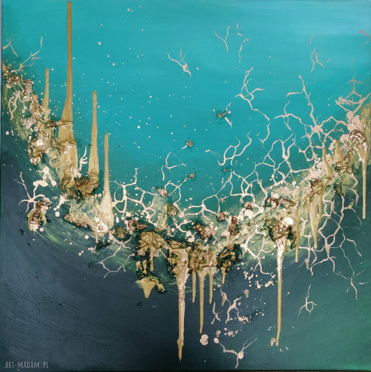 Abstrakcyjny obraz ręcznie malowany - PĘKNIĘTY SZMARAGD 80x80 cm