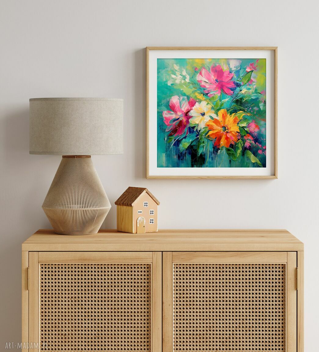 Abstrakcyjny obraz kolorowy bukiet kwiatów 50x50 cm na płótnie - do salonu