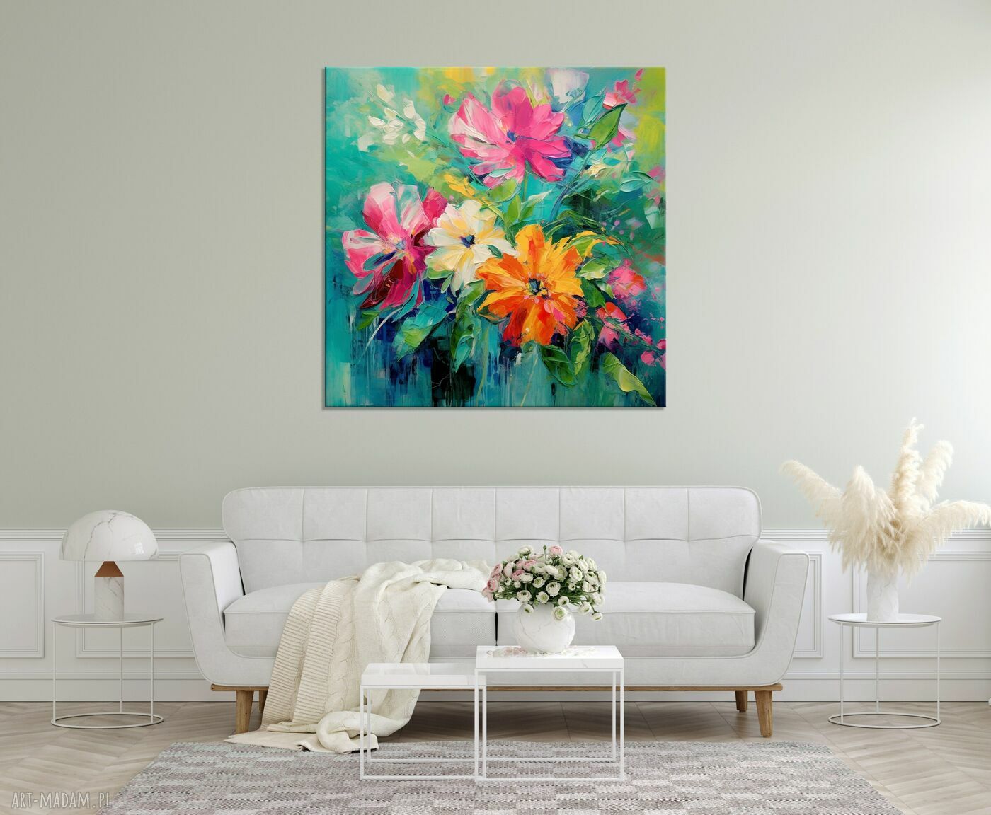 Abstrakcyjny obraz kolorowy bukiet kwiatów - wydruk na płótnie 60x60 cm