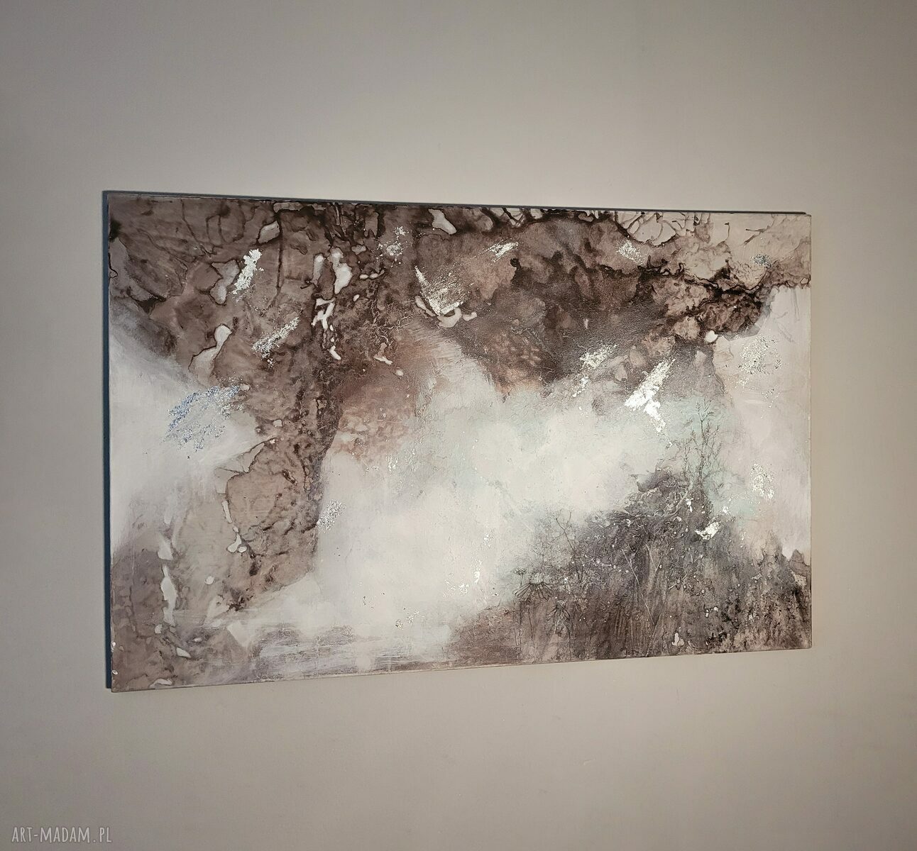 Abstrakcyjny obraz Bioluminescencja nr 1 90x60 cm - technika mieszana i płatki srebra
