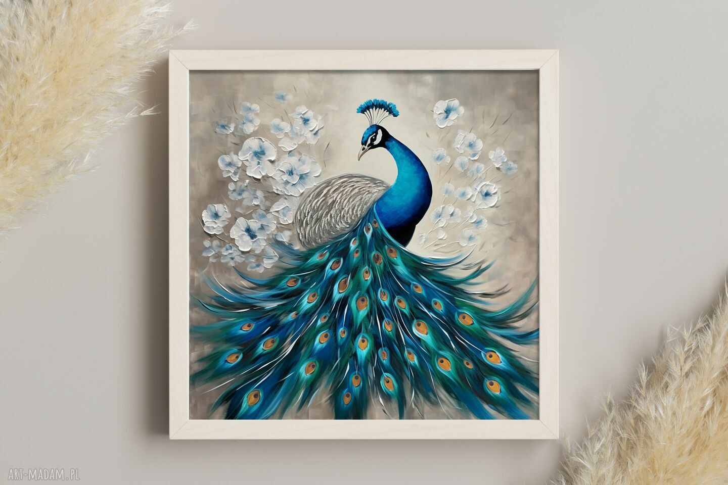 Abstrakcyjny obraz z pawiem 50x50 cm na szaro-beżowym tle