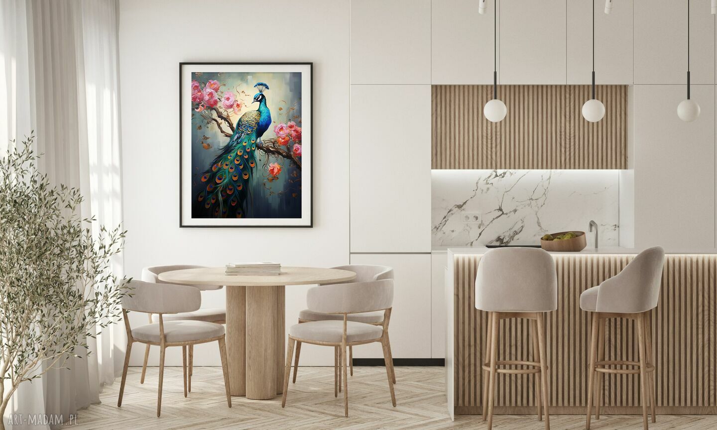 Abstrakcyjny obraz z pawiem - pionowy wydruk artystyczny 50x67 cm